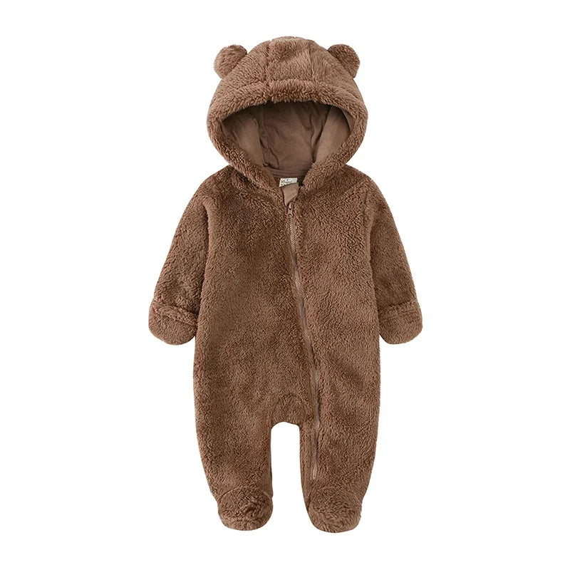 Kuschelbär Strampler – Warmer Fleece Overall mit Kapuze für Babys